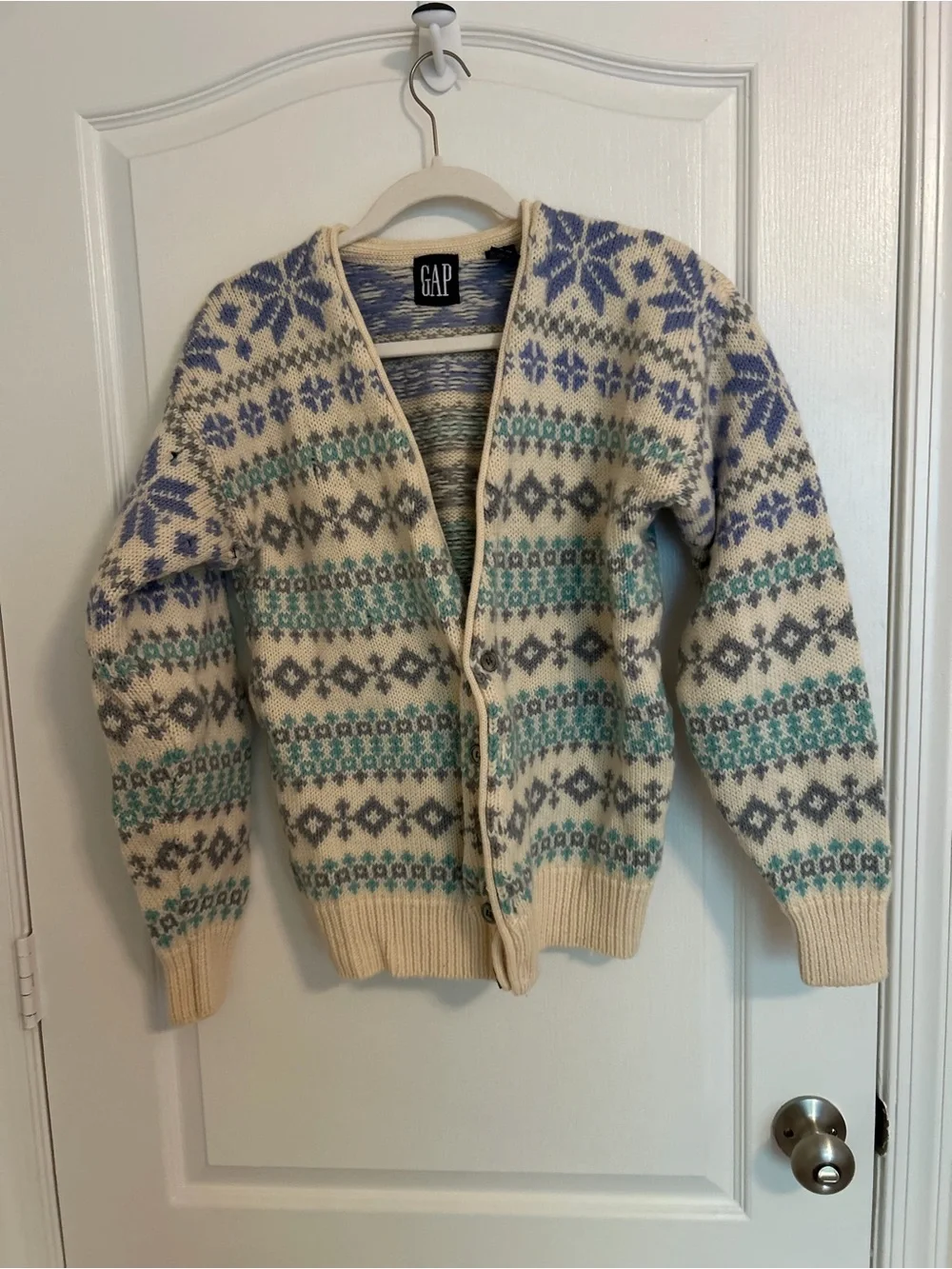 Vintage GAP Cream Fair Isle Cardigan Sweater with Blue & Teal Accents 100% Wool